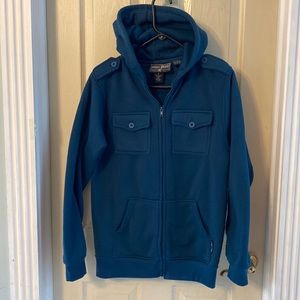 Silver Point men size Large teal, military- style, hooded, zippered sweatshirt